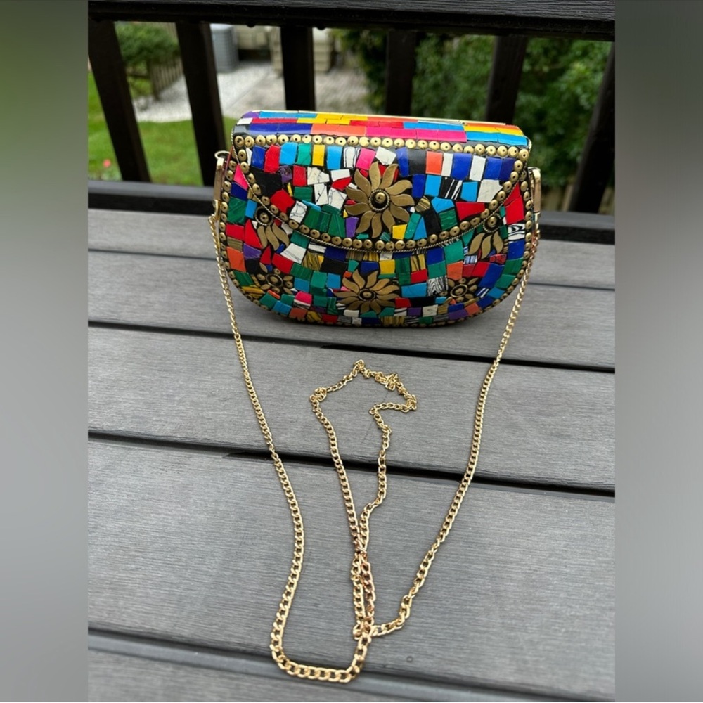 Red and Blue Mosaic Clutch with Gold Chain